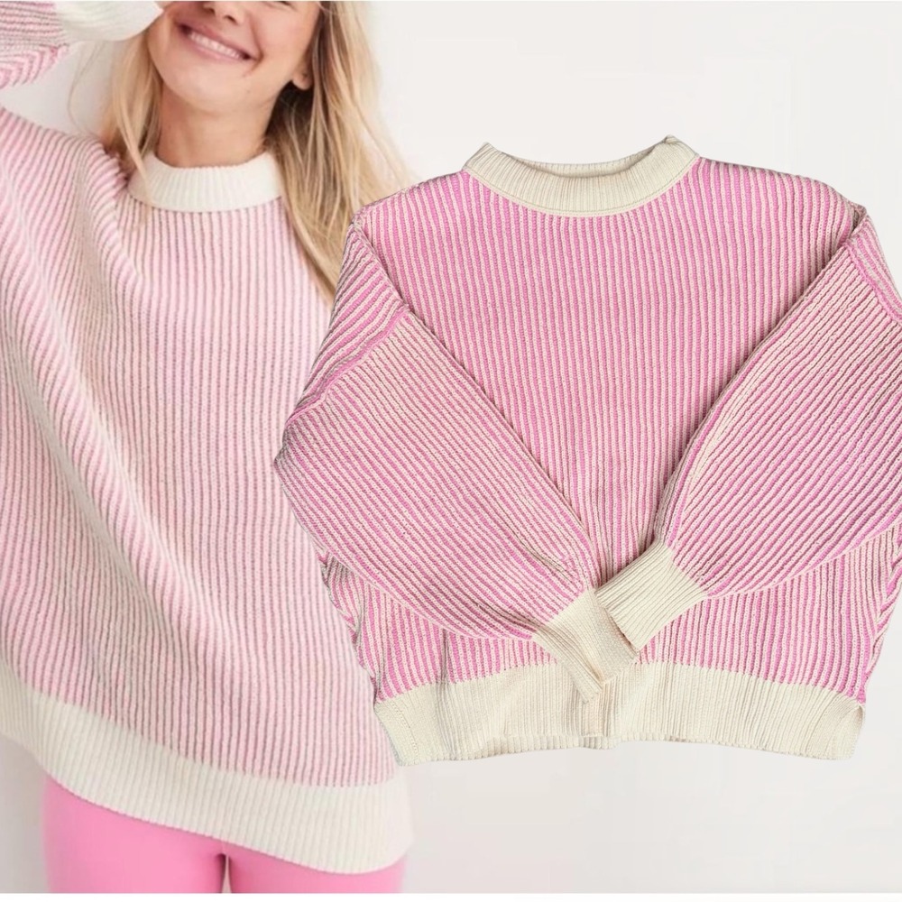 Aerie Sweater Oversized Ribbed Crew Neck Pink White Medium